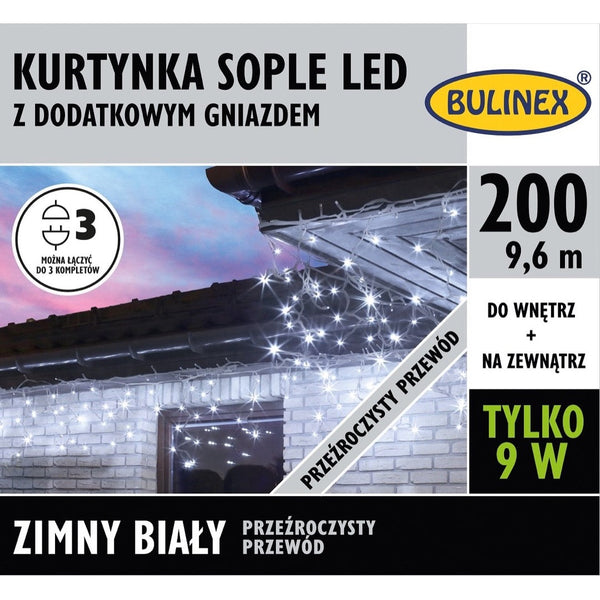 Kurtyna LED sople Bulinex, 200 diod, 9,6 m, zimny biały