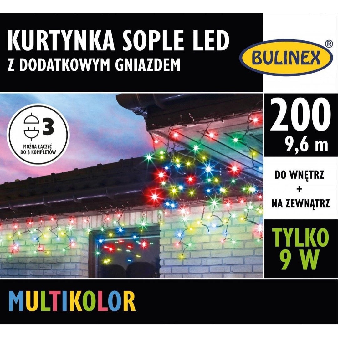 Kurtynka LED sople 200 diod Bulinex, 9,6 m, multikolor, opakowanie