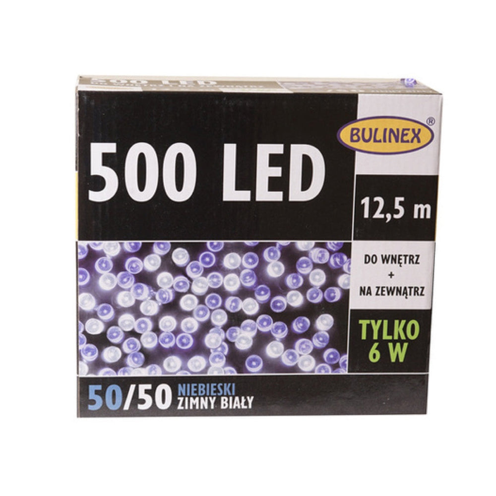 Lampki LED 500 diod Bulinex, 12,5 m, niebieski i zimny biały, opakowanie