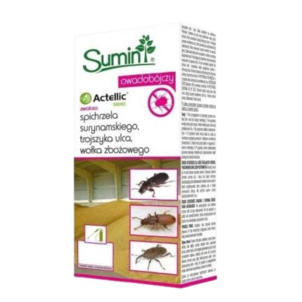Kartonowe opakowanie 200 ml insektycydu Actellic 500 EC marki Sumin na szkodniki magazynowe