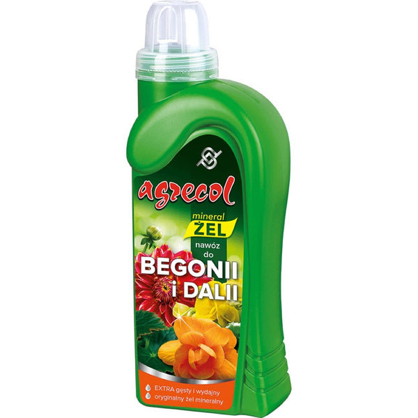 Zielona butelka Agrecol Mineral żel nawóz do begonii i dalii 0,5 l z miarką w nakrętce na białym tle