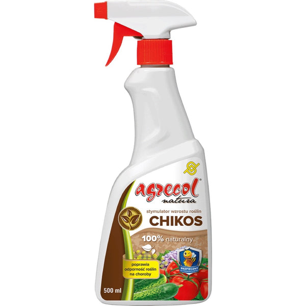 Butelka z rozpylaczem Agrecol Natura Chikos, stymulator wzrostu roślin 500 ml, na białym tle
