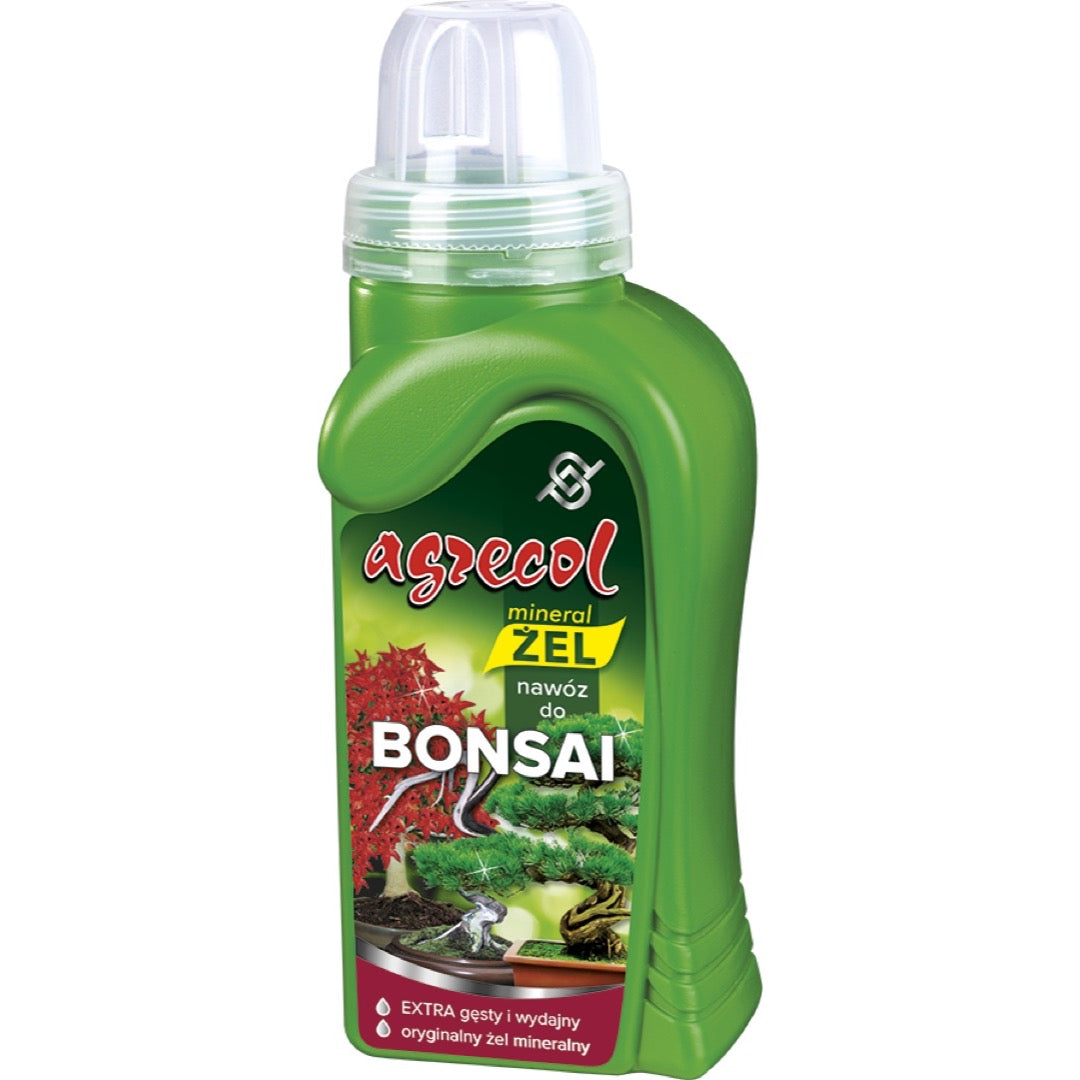 Butelka 0,25 l nawozu Agrecol Mineral żel do bonsai z przezroczystą nakrętką-miarką