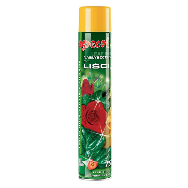 Zielono-żółta puszka Agrecol nabłyszczacz do liści w sprayu 750 ml na białym tle