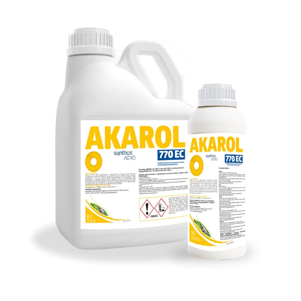Butelki 1 l i 5 l środka Akarol 770 EC firmy Synthos Agro na przędziorki i misecznika