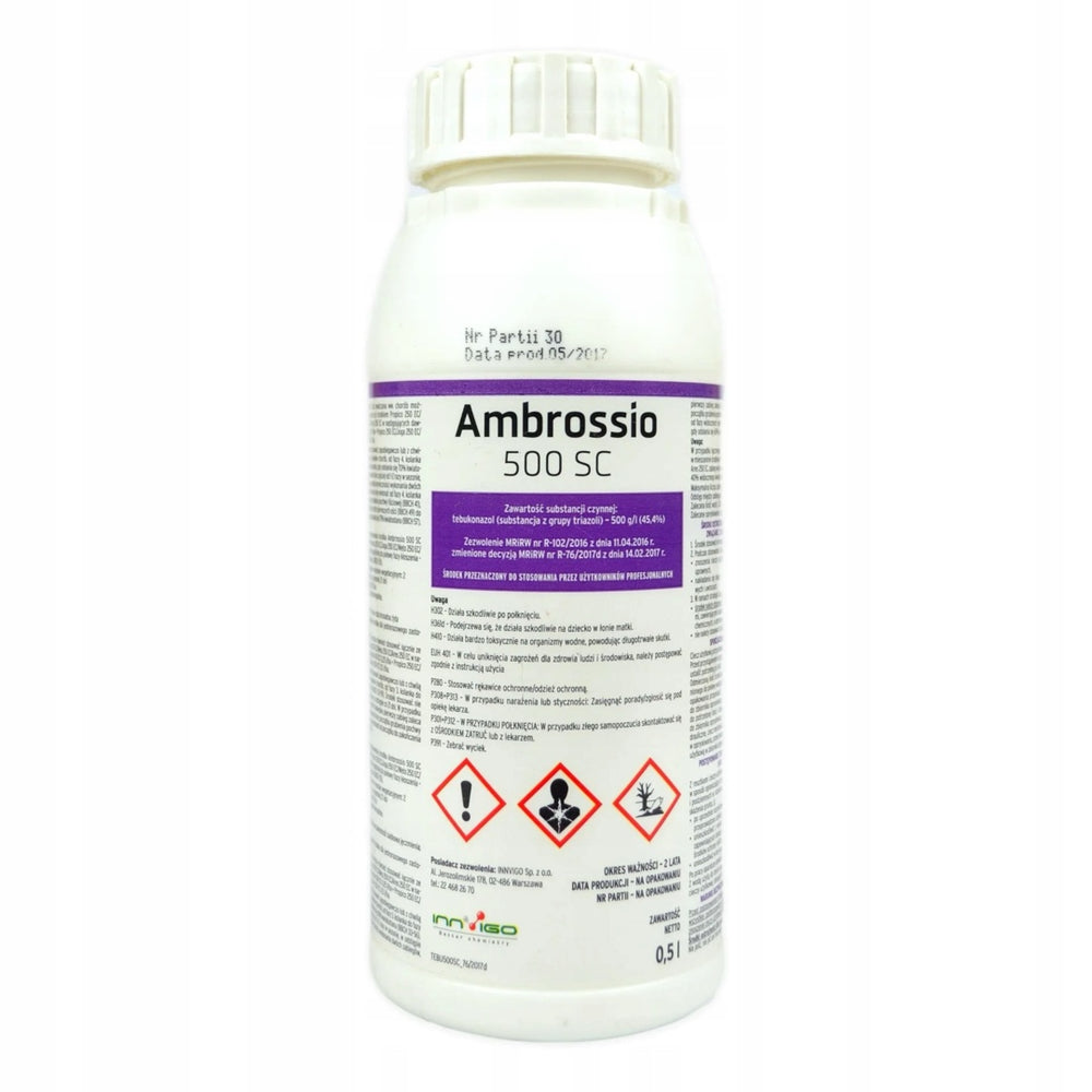 Butelka 0,5 l fungicydu Ambrossio 500 SC firmy Innvigo z etykietą