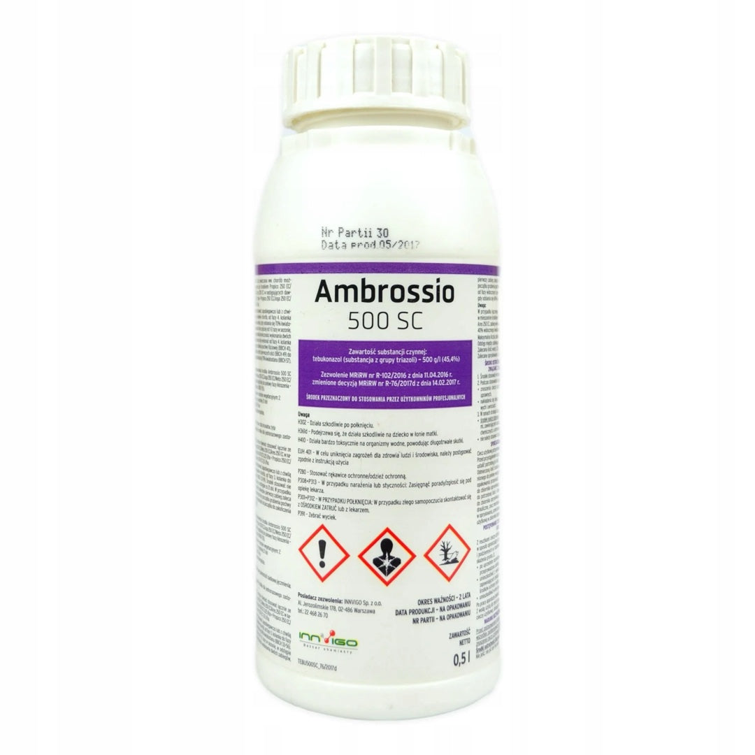 Butelka 0,5 l fungicydu Ambrossio 500 SC firmy Innvigo z etykietą