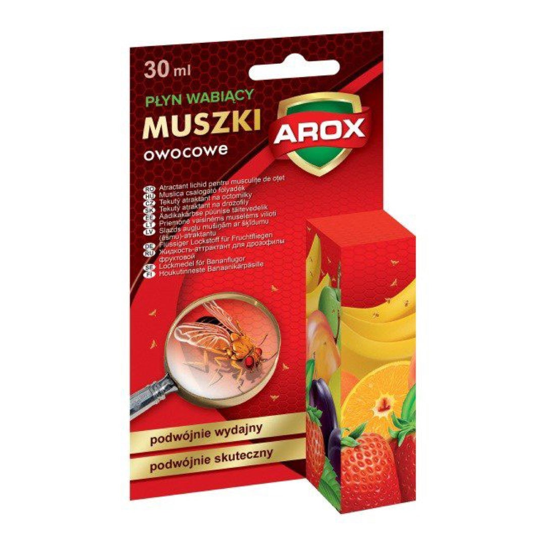Opakowanie 30 ml płynu wabiącego na muszki owocowe Arox z lupą i owocami