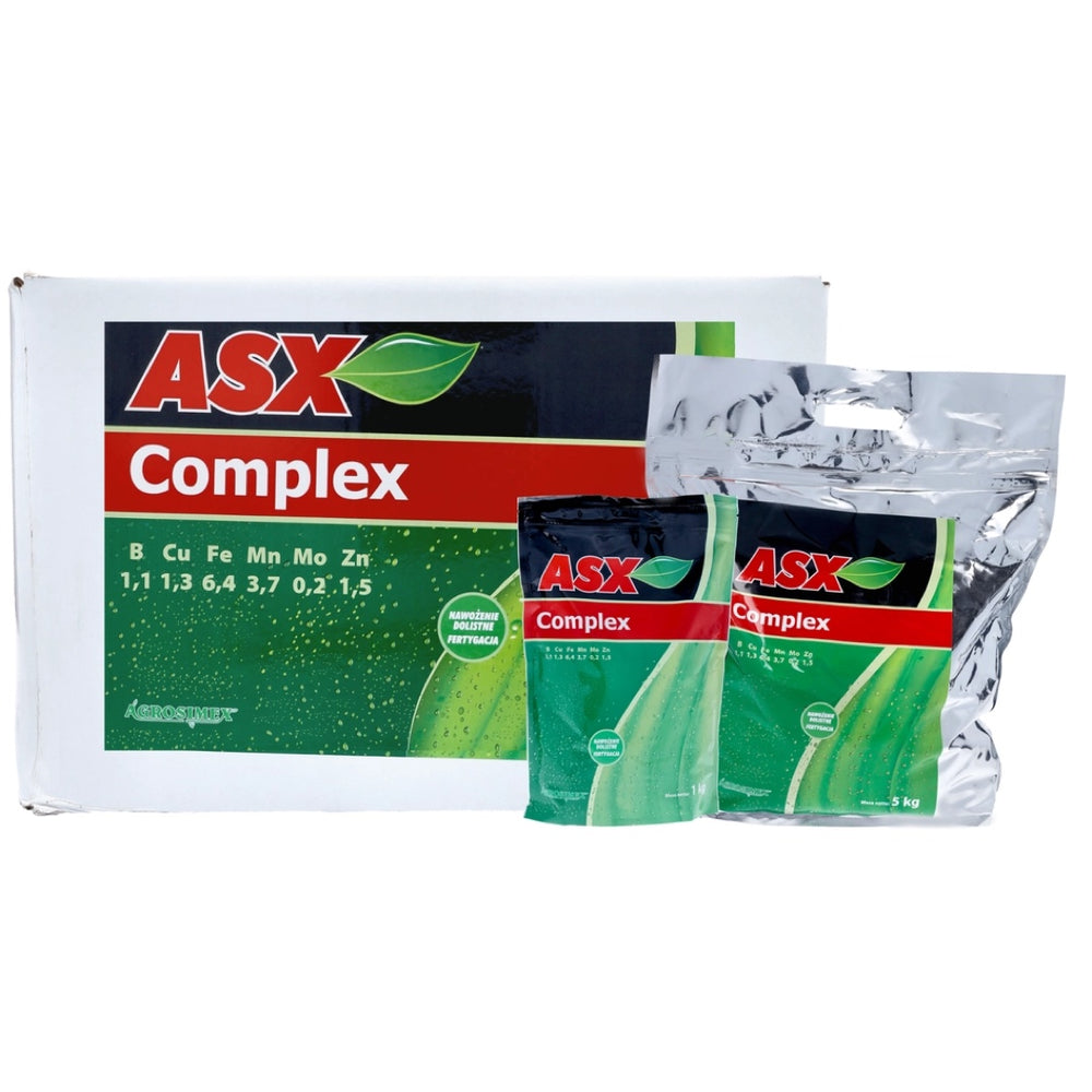 Karton oraz torebki 1 kg i 5 kg nawozu mikroelementowego ASX Complex Agrosimex