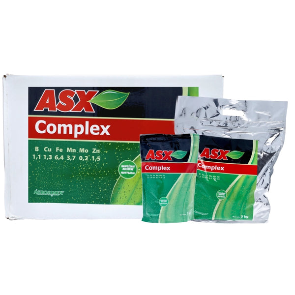 Karton oraz torebki 1 kg i 5 kg nawozu mikroelementowego ASX Complex Agrosimex