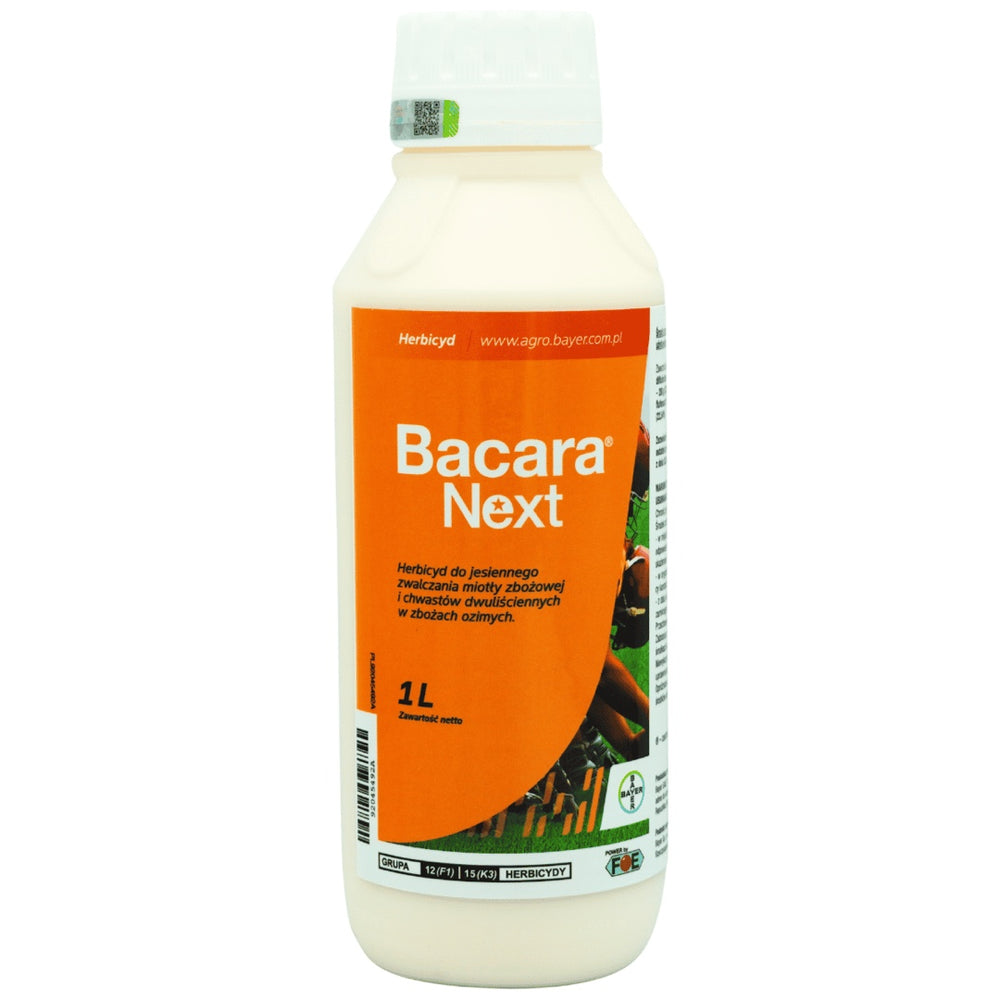 Biała butelka 1 l herbicydu Bacara Next firmy Bayer z pomarańczową etykietą