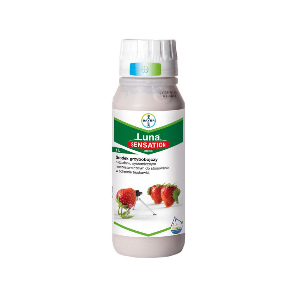 Butelka 1 l fungicydu Luna Sensation 500 SC firmy Bayer do truskawki
