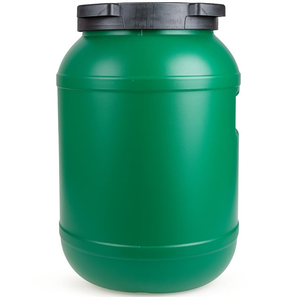 Zielona beczka plastikowa z czarną pokrywą Planta 30 l na białym tle