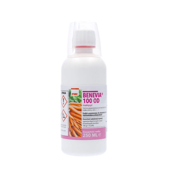 Butelka 250 ml insektycydu Benevia 100 OD firmy FMC z etykietą dla użytkowników profesjonalnych