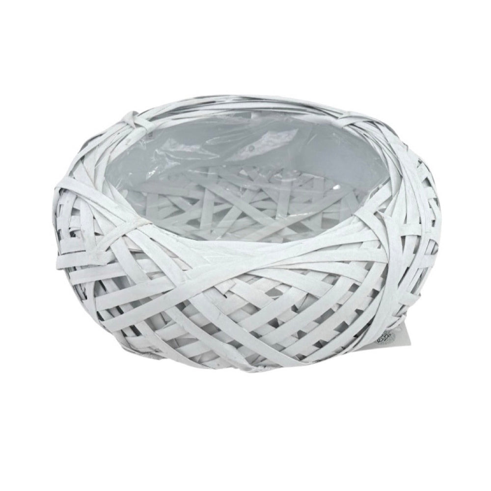 Biała okrągła osłonka Beret Ecodeco z taśmy rattanowej, średnica 30 cm