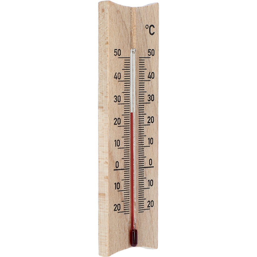 Drewniany termometr pokojowy Bioterm 15 cm z czerwoną cieczą i skalą od -20 do 50°C na białym tle