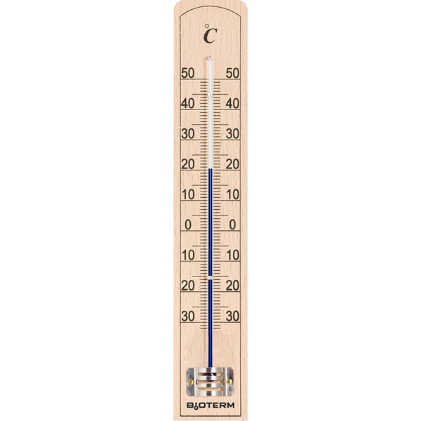 Drewniany termometr pokojowy Bioterm 20 cm z niebieską cieczą i skalą od -30 do 50°C na białym tle