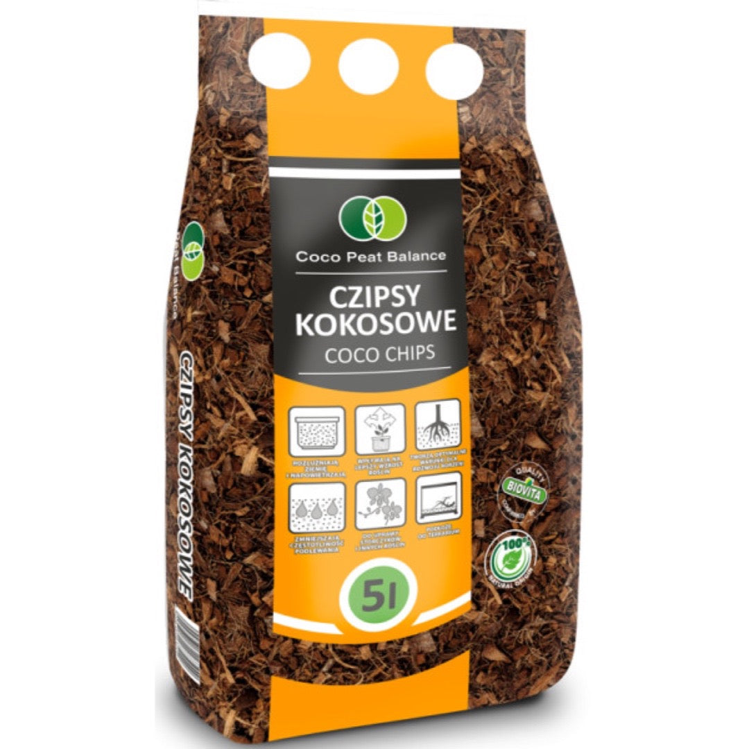 Worek czipsów kokosowych Biovita Coco chips 5 l na białym tle
