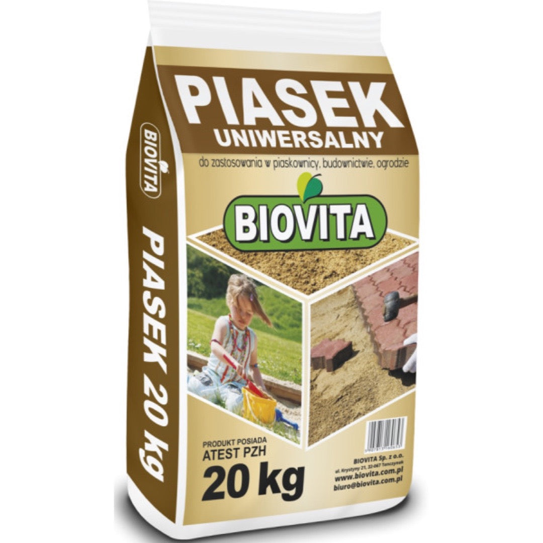 Worek piasku uniwersalnego Biovita 20 kg z atestem PZH na białym tle