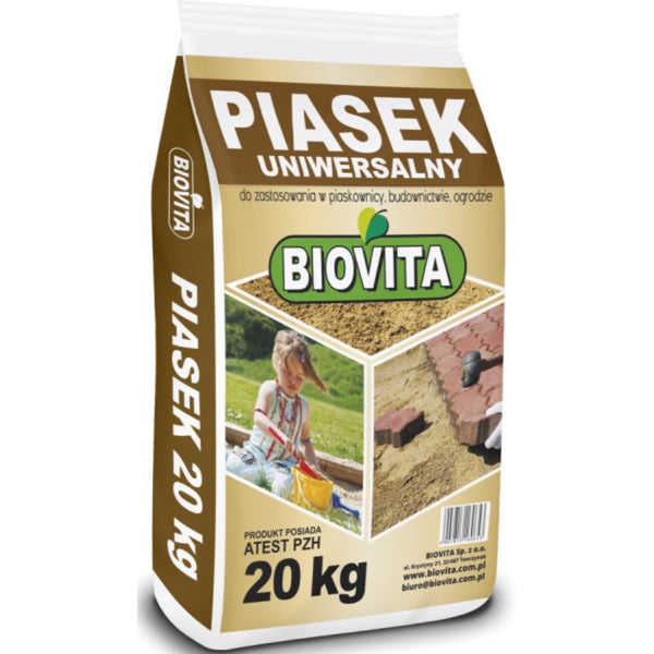 Worek piasku uniwersalnego Biovita 20 kg z atestem PZH na białym tle