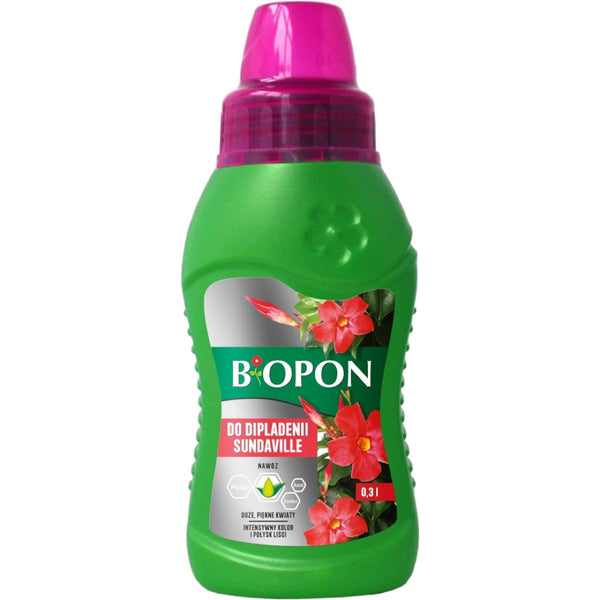 Butelka nawozu Bopon do dipladenii i sundaville 0,3 l z zieloną etykietą na białym tle