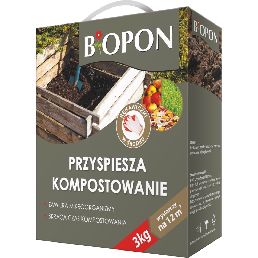 Pudełko preparatu Bopon Komposter 3 kg przyspieszającego kompostowanie, z rękawiczkami w środku