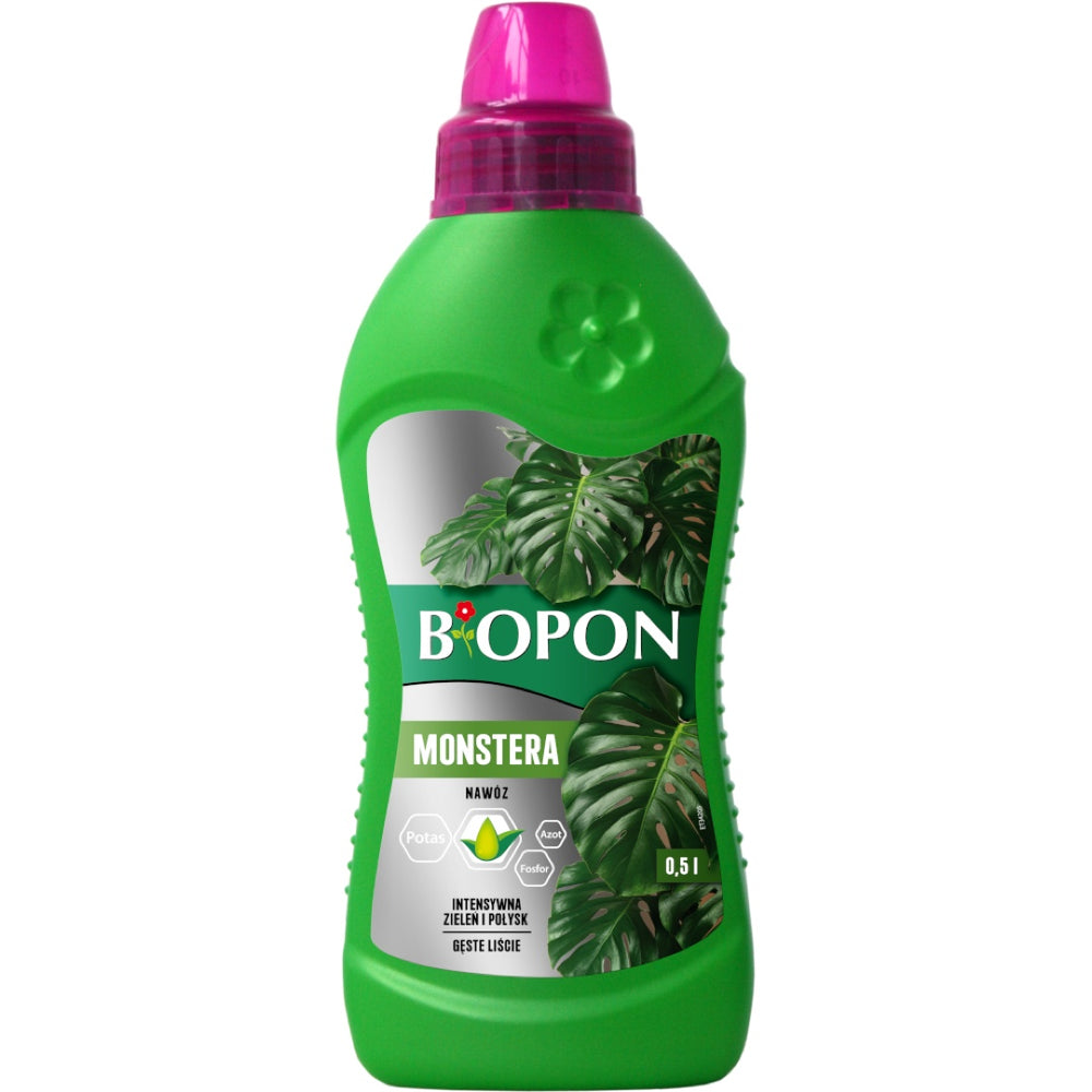 Bopon nawóz do monstery w płynie 0,5 l, zielona butelka z różową nakrętką na białym tle