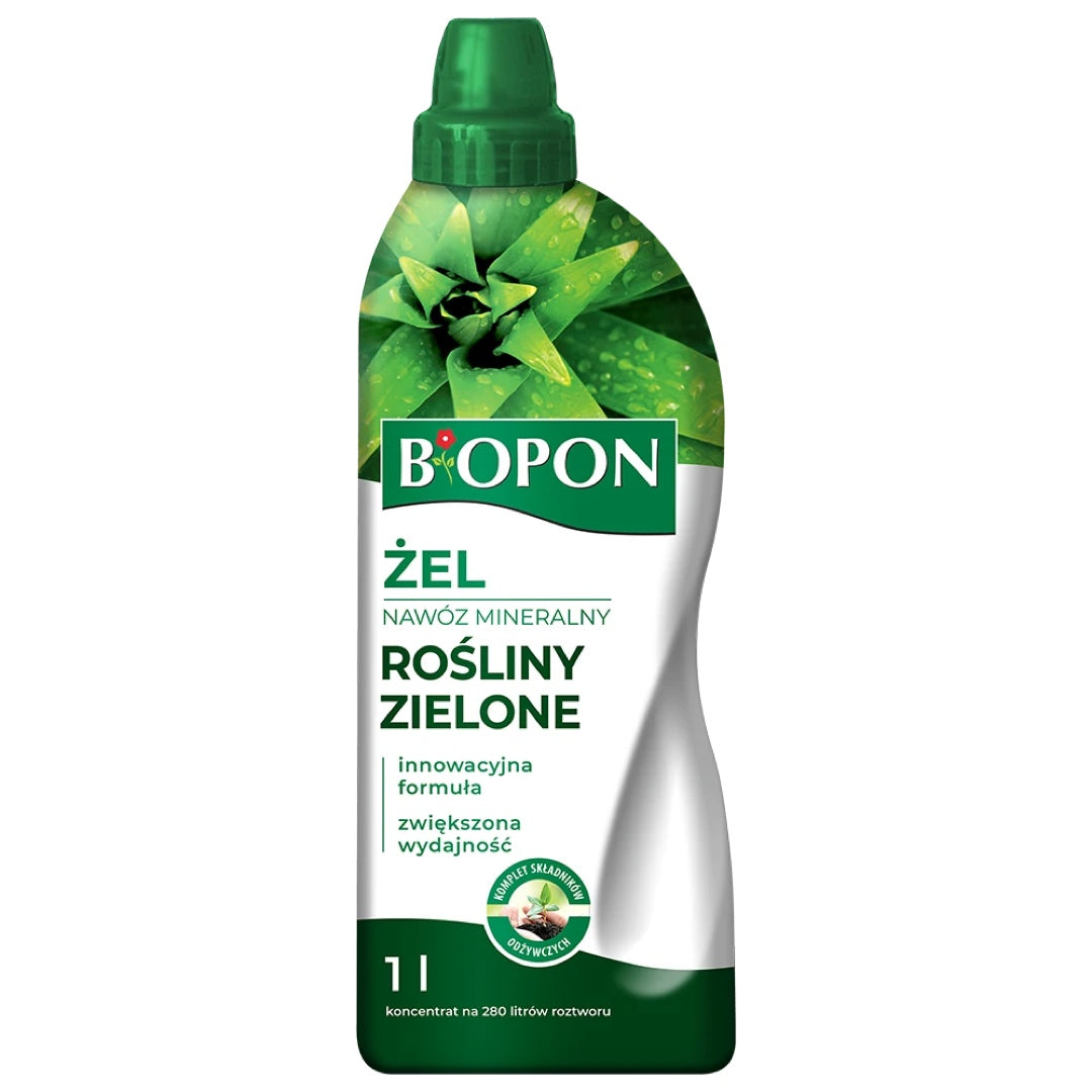 Butelka 1 l nawozu w żelu Biopon do roślin zielonych z miarką w nakrętce