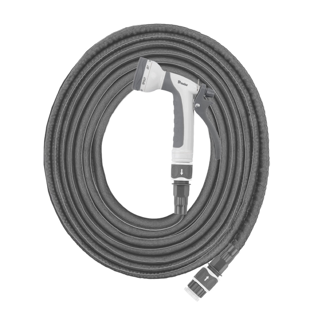 Szary rozciągliwy wąż Bradas Twist Hose zwinięty, z pistoletem 7-funkcyjnym