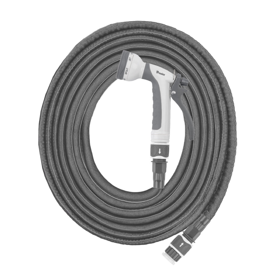 Szary rozciągliwy wąż Bradas Twist Hose zwinięty, z pistoletem 7-funkcyjnym