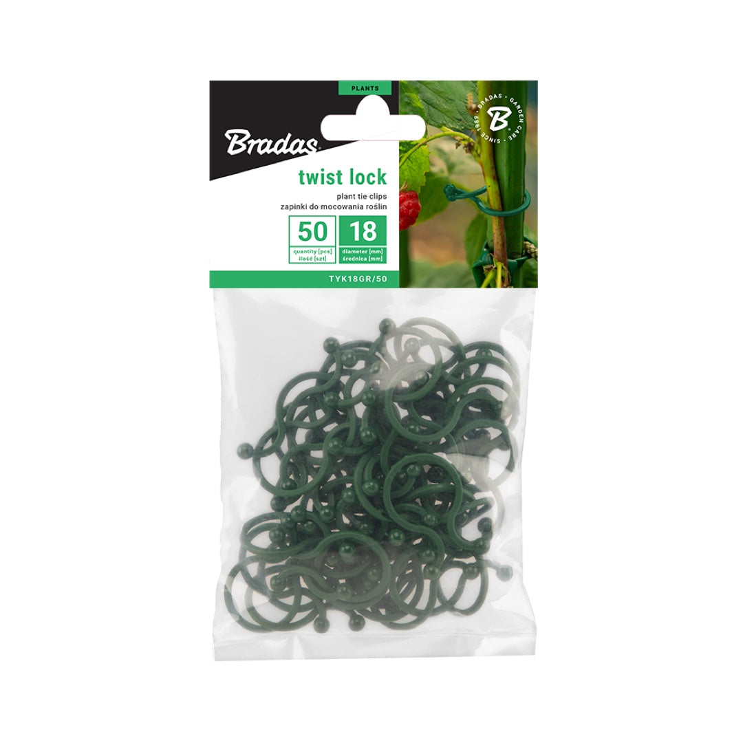 Opakowanie zapinek do roślin Bradas TWIST LOCK 18 mm, 50 sztuk, na białym tle