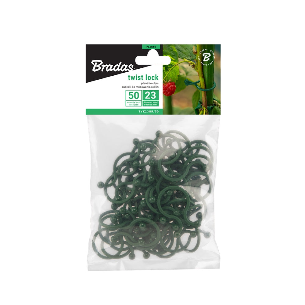 Opakowanie zapinek do roślin Bradas TWIST LOCK 23 mm, 50 sztuk, na białym tle