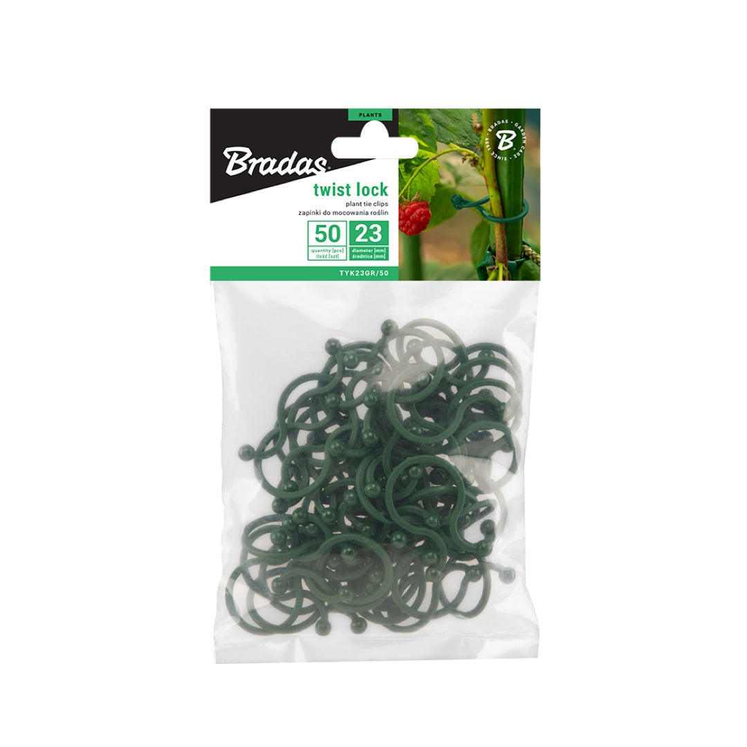 Opakowanie zapinek do roślin Bradas TWIST LOCK 23 mm, 50 sztuk, na białym tle