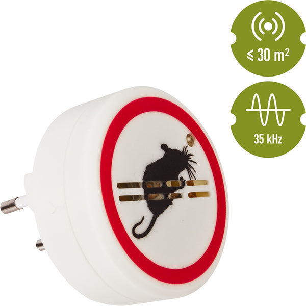 Elektryczny odstraszacz myszy 731003 z czerwoną obwódką, wtyczka do gniazdka, na białym tle