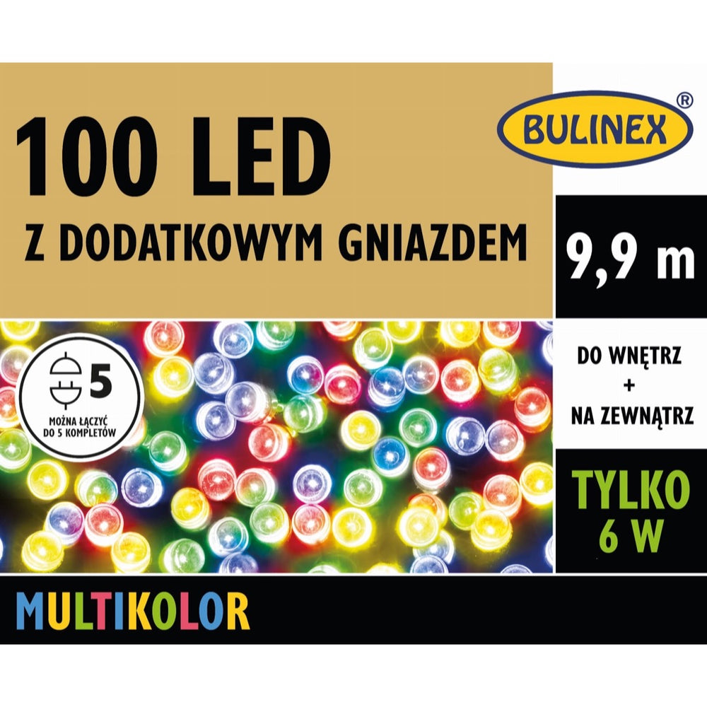 Opakowanie lampek LED Bulinex 100 diod z dodatkowym gniazdem, 9,9 m, multikolor