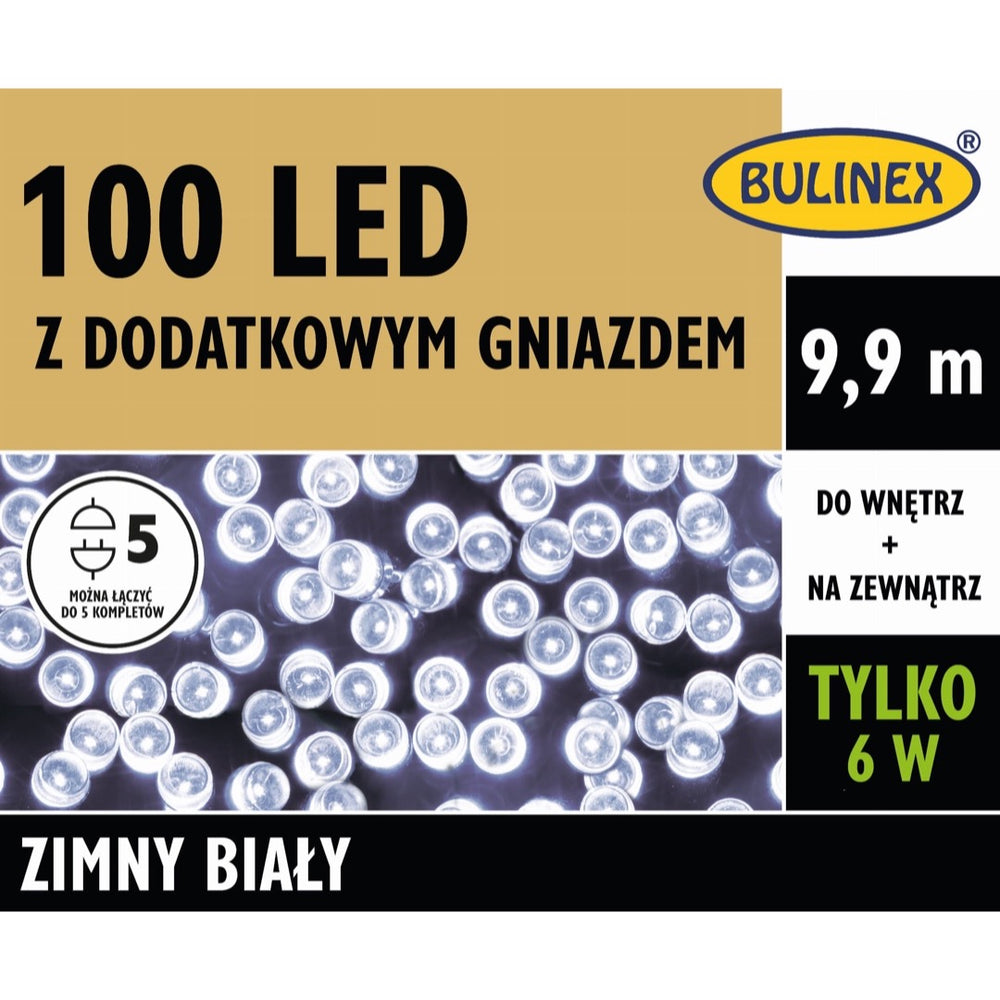 Opakowanie lampek LED Bulinex 100 diod z dodatkowym gniazdem, 9,9 m, zimny biały