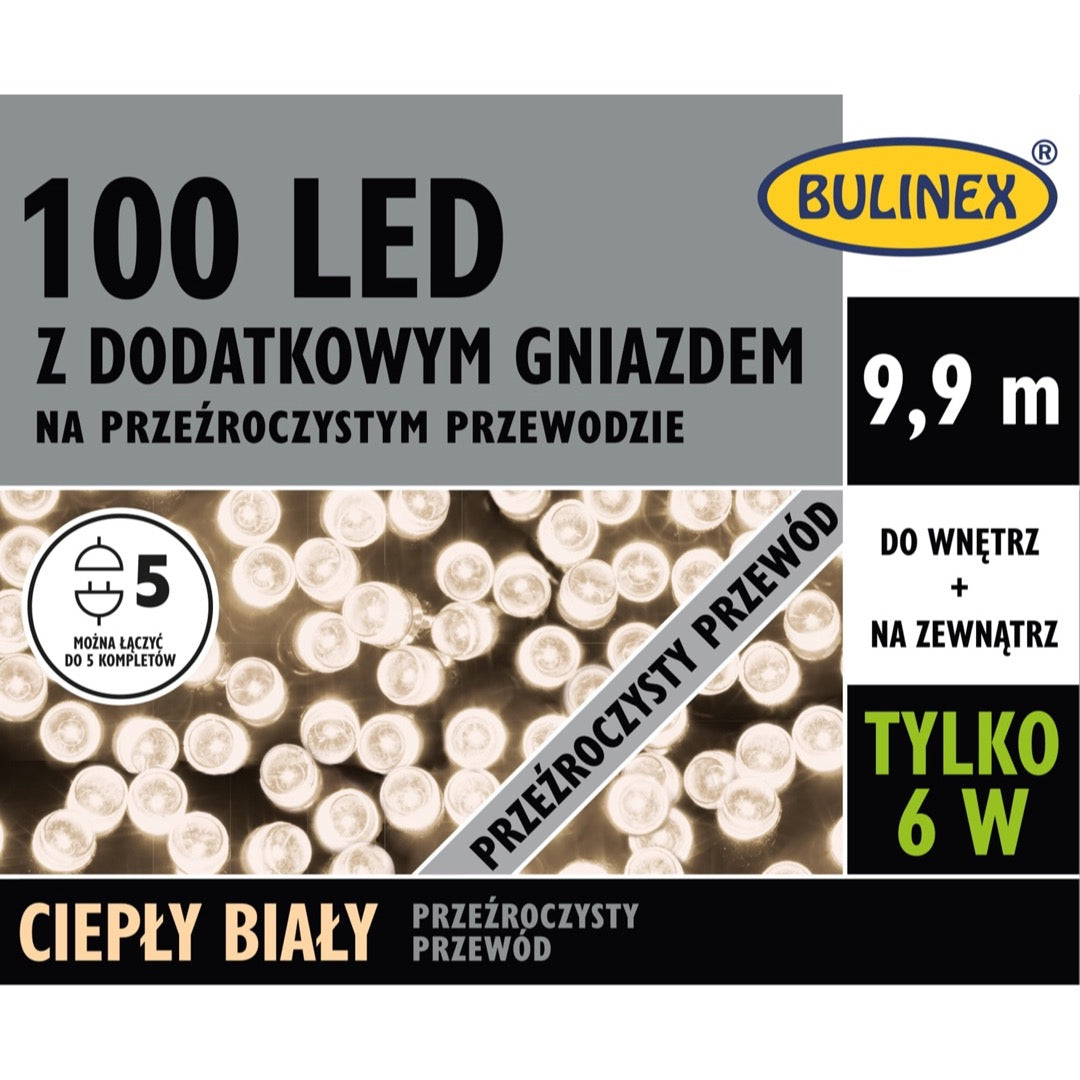 Opakowanie lampek LED Bulinex 100 diod, 9,9 m, ciepły biały, przezroczysty przewód