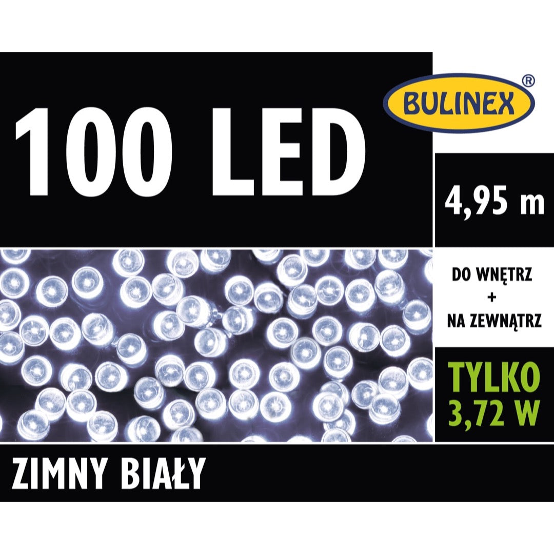 Opakowanie lampek LED Bulinex 100 diod, 4,95 m, zimny biały, do wnętrz i na zewnątrz
