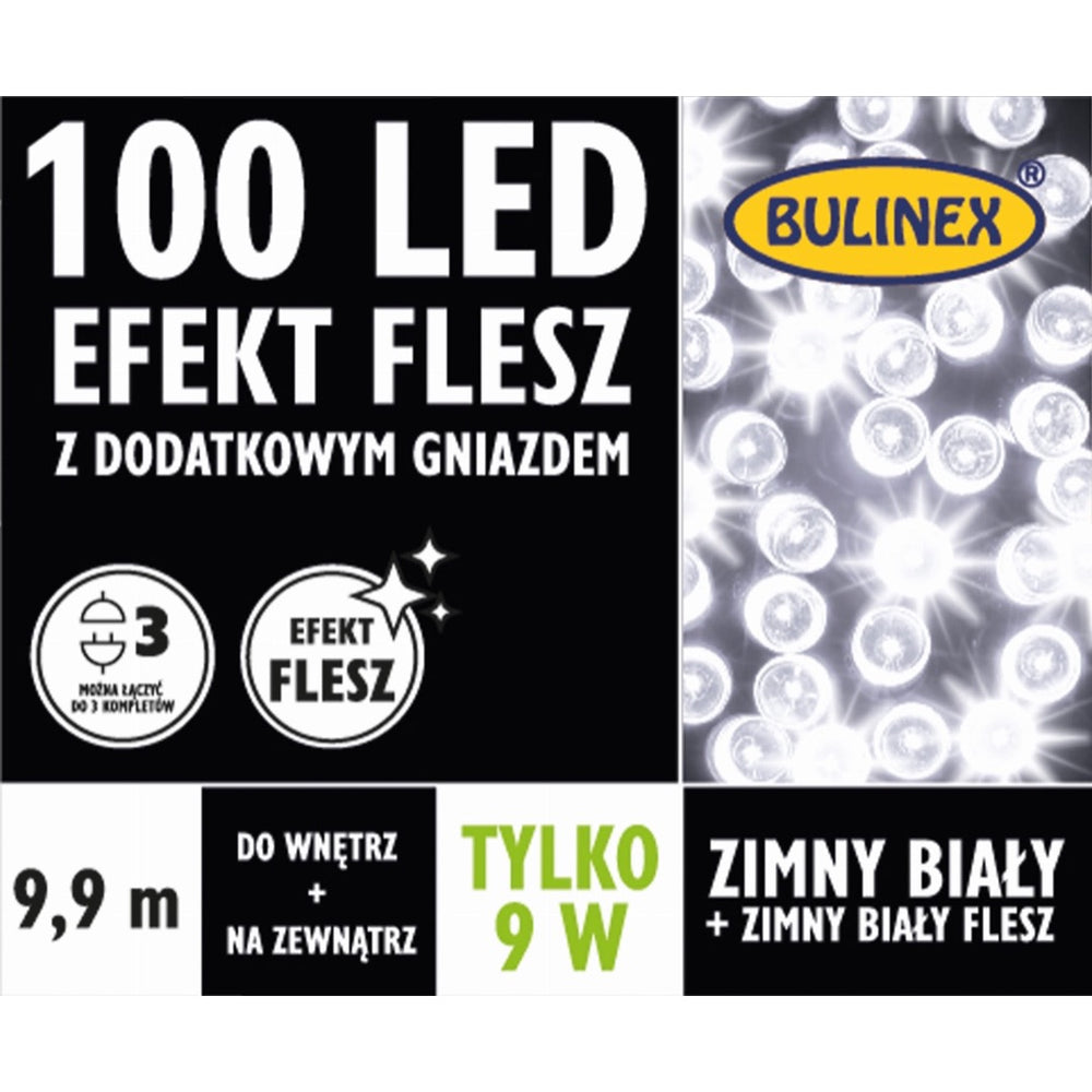 Opakowanie lampek LED Bulinex 100 diod z efektem flesz, 9,9 m, zimny biały z zimnym fleszem