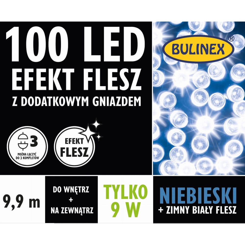 Opakowanie lampek LED Bulinex 100 diod z efektem flesz, 9,9 m, niebieski z zimnym fleszem