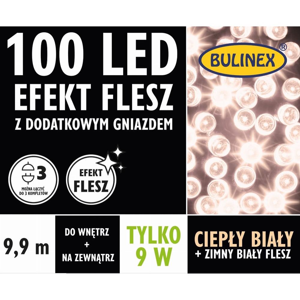 Opakowanie lampek LED Bulinex 100 diod z efektem flesz, 9,9 m, ciepły biały z zimnym fleszem