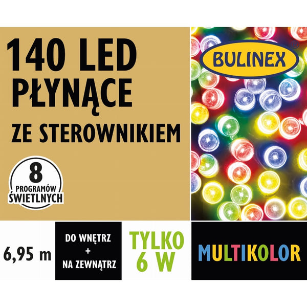 Opakowanie płynących lampek LED Bulinex, 140 diod, 6,95 m, multikolor, ze sterownikiem