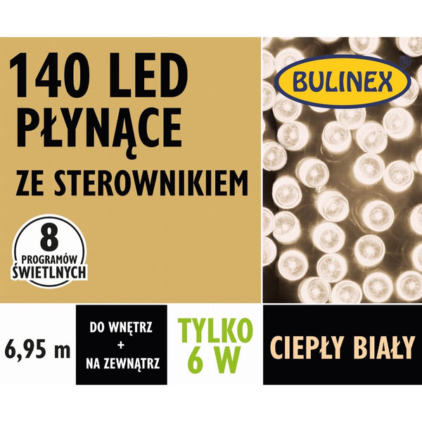 Opakowanie płynących lampek LED Bulinex, 140 diod, 6,95 m, ciepły biały, ze sterownikiem