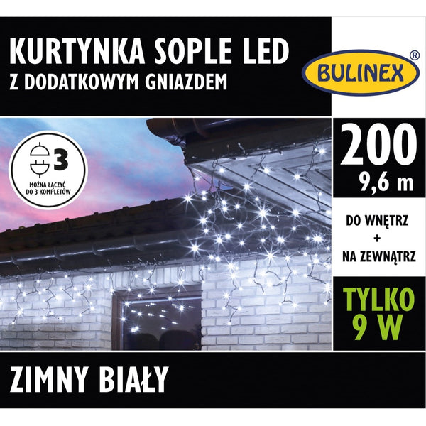 Opakowanie kurtynki LED Bulinex sople 200 diod, 9,6 m, zimny biały