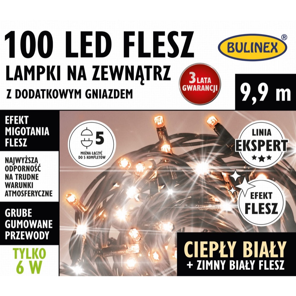 Opakowanie zewnętrznych lampek LED Bulinex 100 diod flesz, 9,9 m, ciepły biały z zimnym fleszem