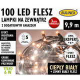 Opakowanie zewnętrznych lampek LED Bulinex 100 diod flesz, 9,9 m, ciepły biały z zimnym fleszem