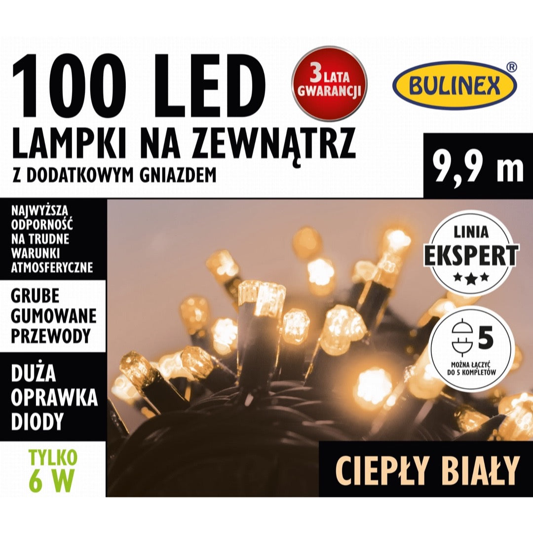 Opakowanie zewnętrznych lampek LED Bulinex 100 diod, 9,9 m, ciepły biały, Linia Ekspert