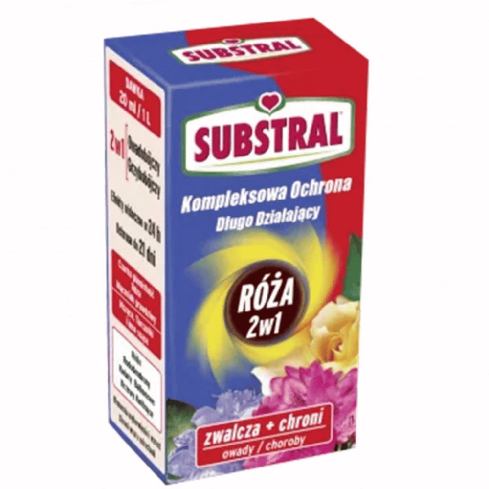Pudełko 25 ml środka Substral Kwiaty Kompleksowa Ochrona 2w1 Róża na białym tle