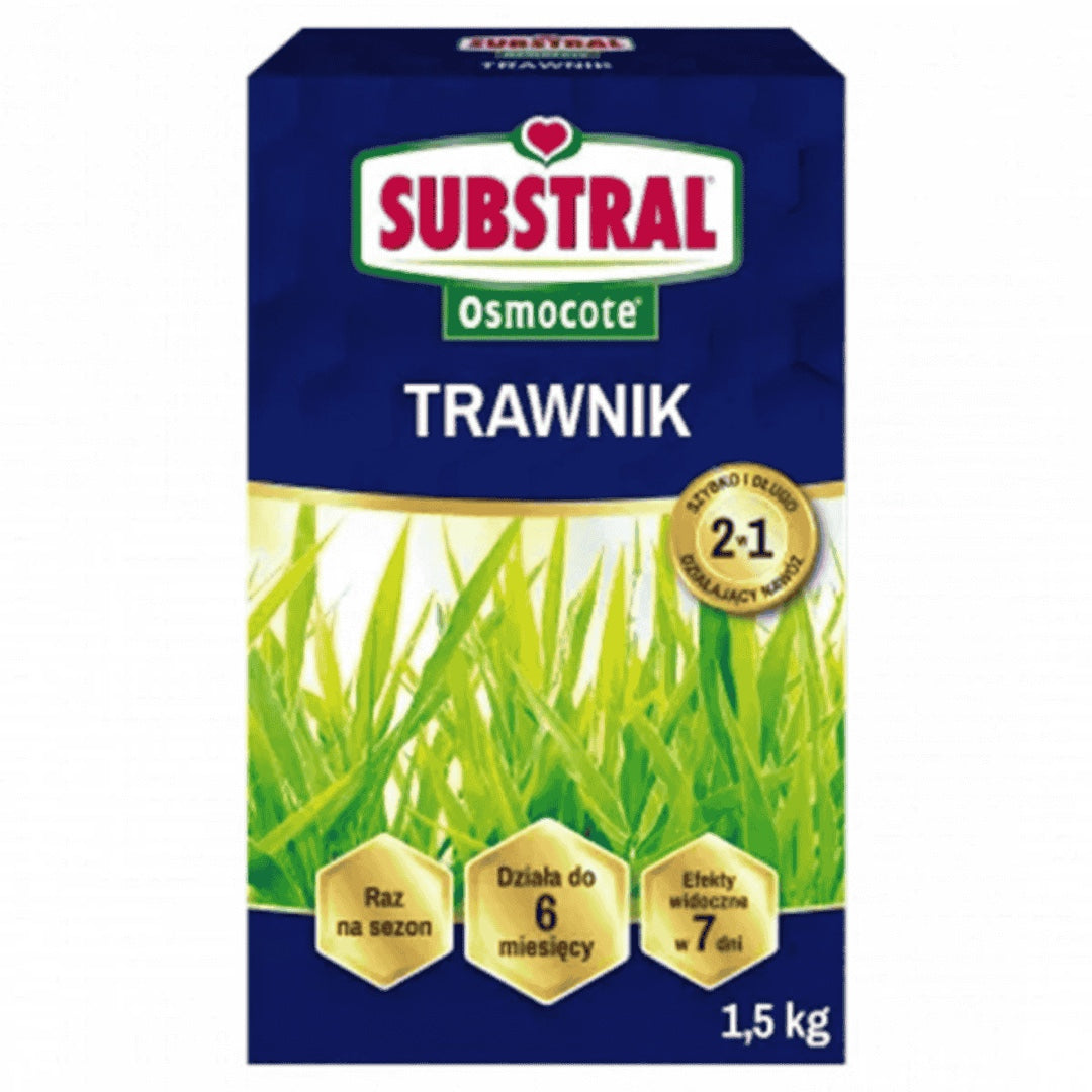 Pudełko 1,5 kg nawozu Substral Osmocote 2w1 do trawnika na białym tle