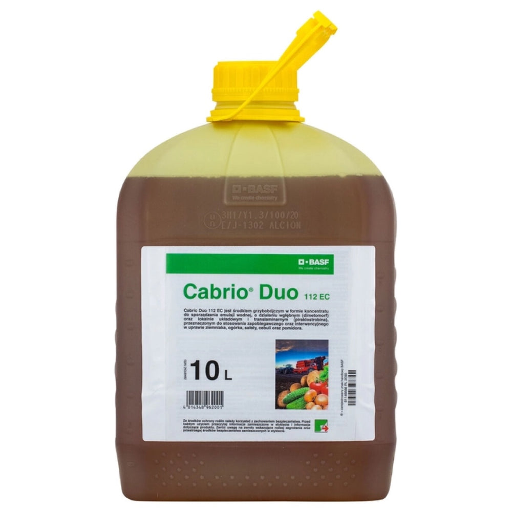 Kanister 10 l fungicydu Cabrio Duo 112 EC firmy BASF z żółtą nakrętką